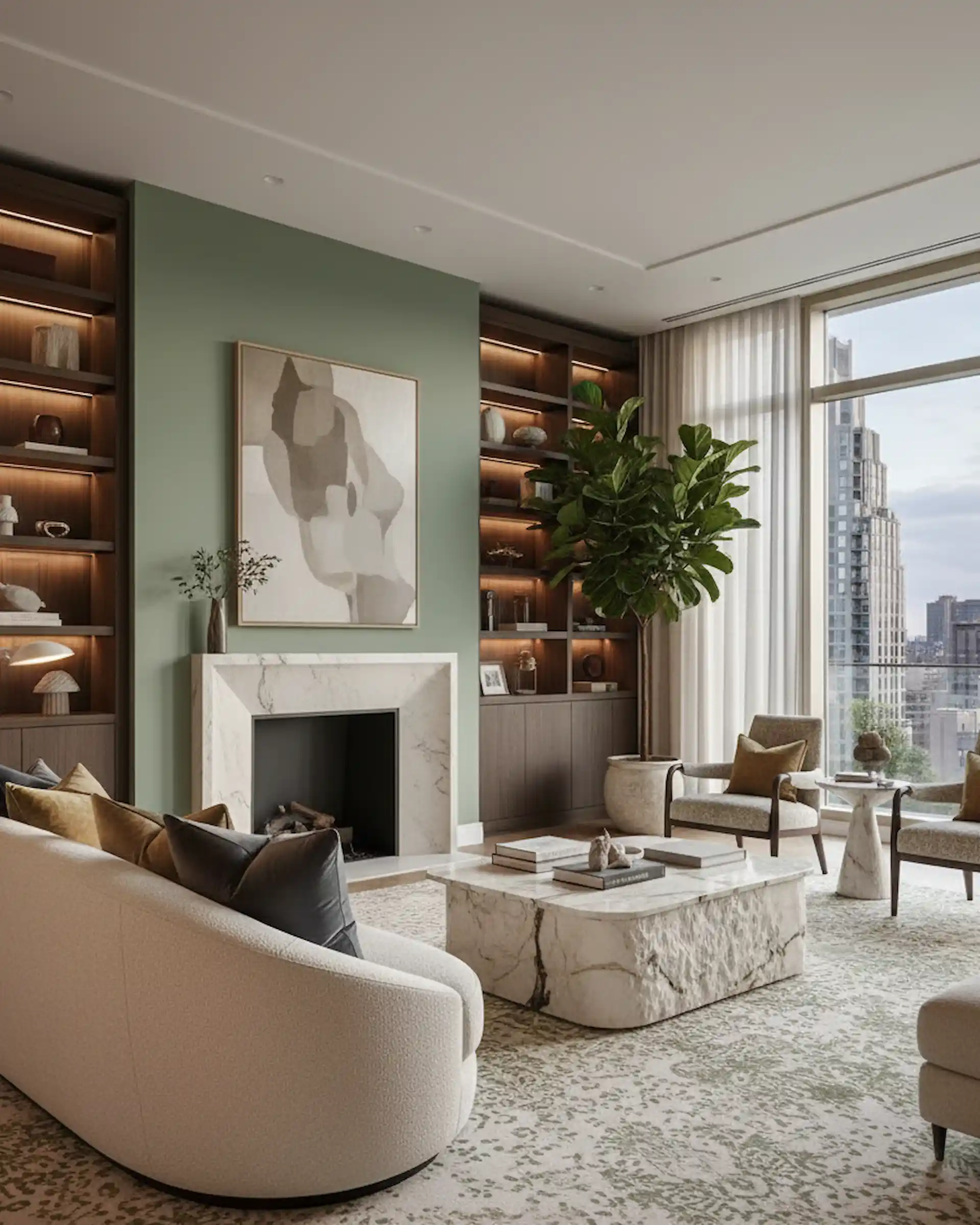 Modern living room with sage green walls